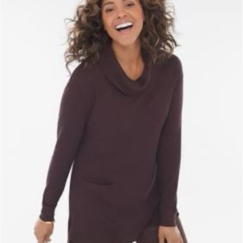 Chico's Zenergy Brown Cowl Neck Knit Sweater 0P 4P Cozy Round Hem Pocket